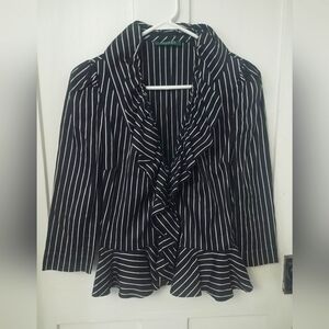 Vintage Ralph Lauren Women's Ruffled Blazer Jacket Black w/White Stripes Size 10